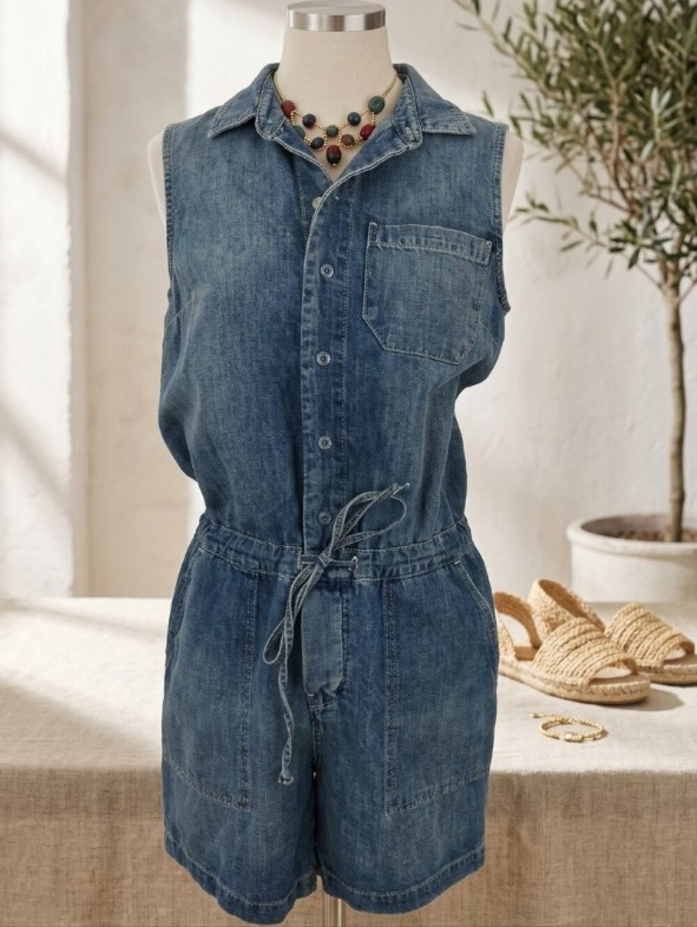 Lucky Brand Denim Jumper Romper Boho Sleeveless Collared Blue Jean Size Small